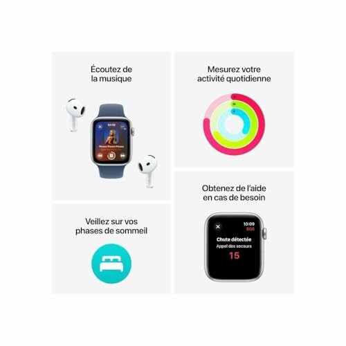 Fonctionnalités de l'Apple Watch montrant la musique, l'activité, le sommeil et l'aide d'urgence.