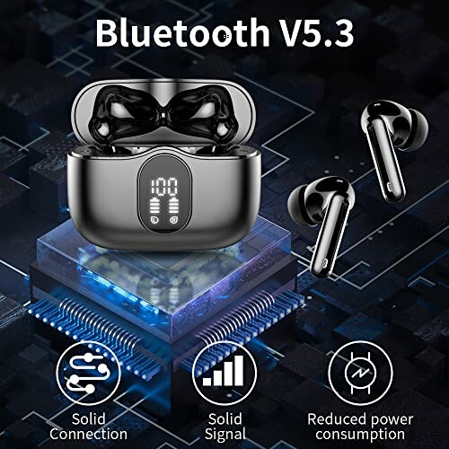 Écouteurs Bluetooth V5.3 avec boîtier de charge affichant le niveau de batterie.