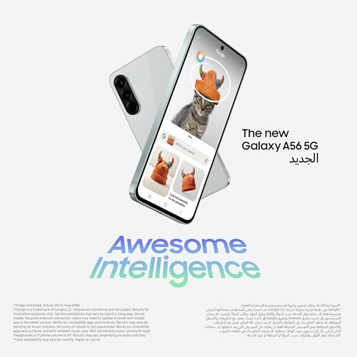 Publicité pour le Samsung Galaxy A56 5G avec téléphone montrant un chat.